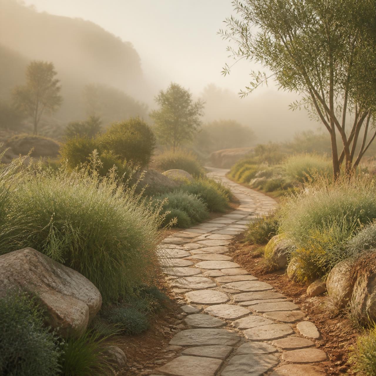 Camino de piedra entre vegetación al amanecer, símbolo del proceso terapéutico
